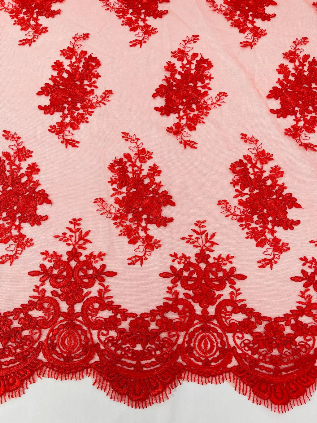 Floral Damask Lace Fabric - Red - Embroidered Damask Flowers on Lace Fabric By Yard