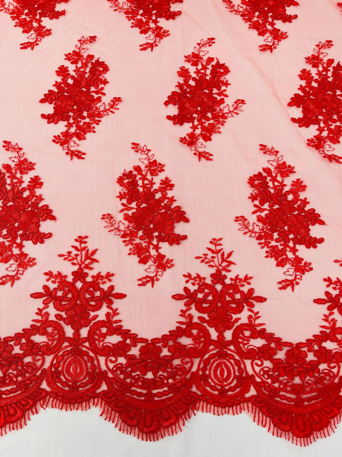 Floral Damask Lace Fabric - Red - Embroidered Damask Flowers on Lace Fabric By Yard