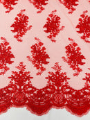 Floral Damask Lace Fabric - Red - Embroidered Damask Flowers on Lace Fabric By Yard