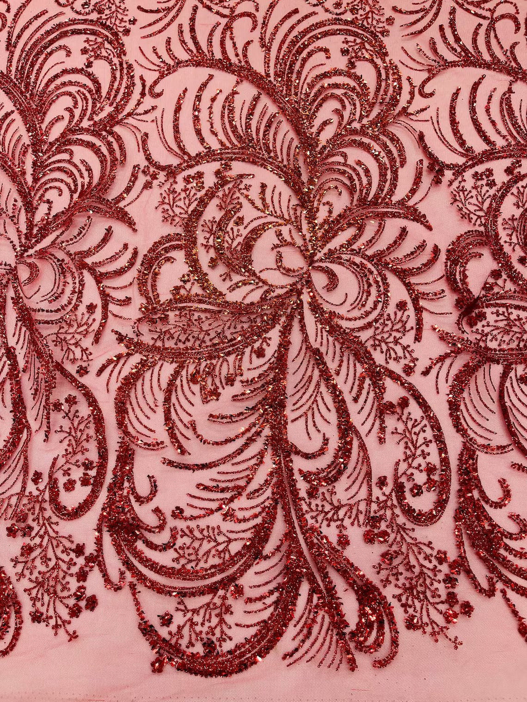 Glitter Palm Leaf Design Fabric - Red - Tulle Mesh Glitter Leaf Design Fabric Sold By Yard