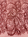 Glitter Palm Leaf Design Fabric - Red - Tulle Mesh Glitter Leaf Design Fabric Sold By Yard