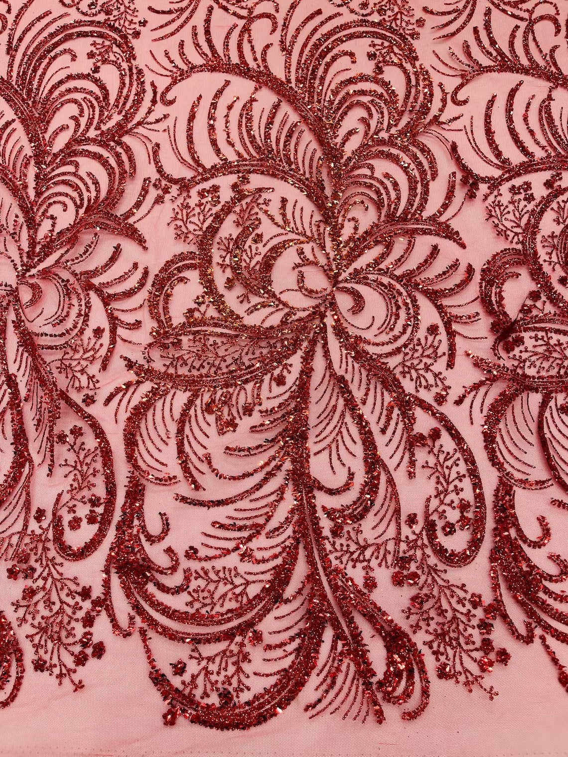 Glitter Palm Leaf Design Fabric - Red - Tulle Mesh Glitter Leaf Design Fabric Sold By Yard