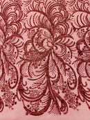 Glitter Palm Leaf Design Fabric - Red - Tulle Mesh Glitter Leaf Design Fabric Sold By Yard