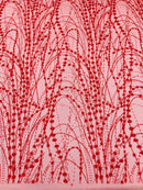 Tulle Glitter Fancy Line Fabric - Red - Tulle Fabric with Sparkle Glitter Design Sold By Yard