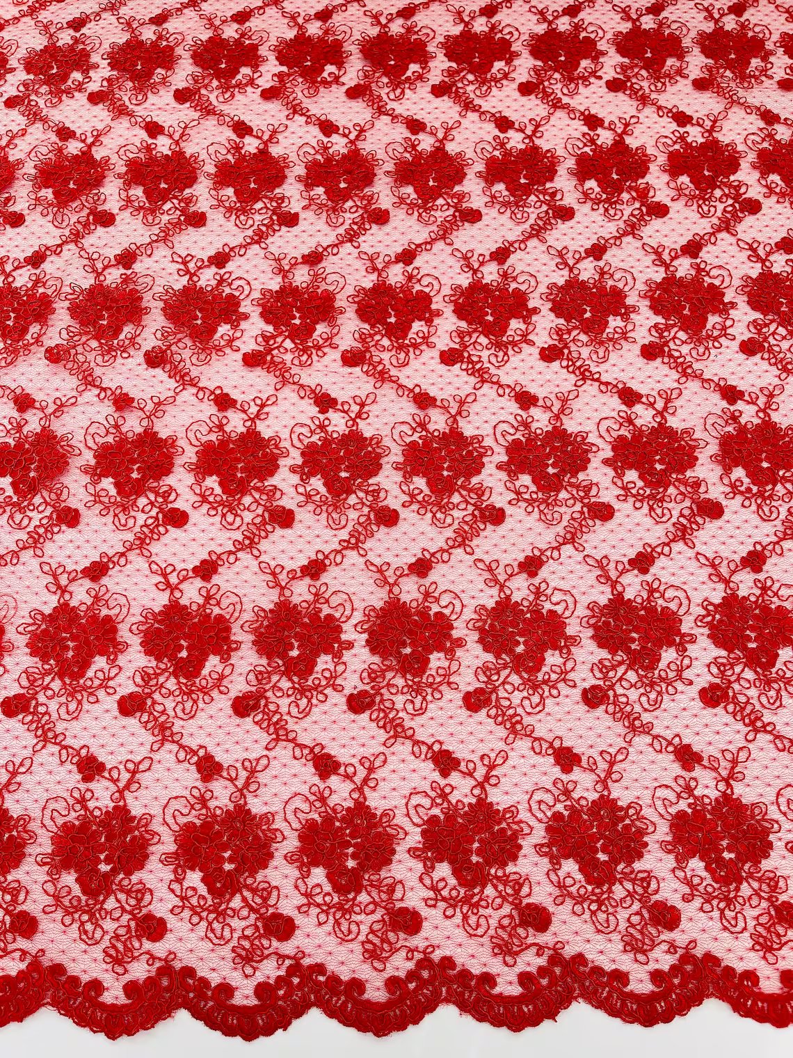 Embroidered Flower Fabric - Red - Floral Design Scalloped Border Fabric By Yard