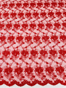Embroidered Flower Fabric - Red - Floral Design Scalloped Border Fabric By Yard