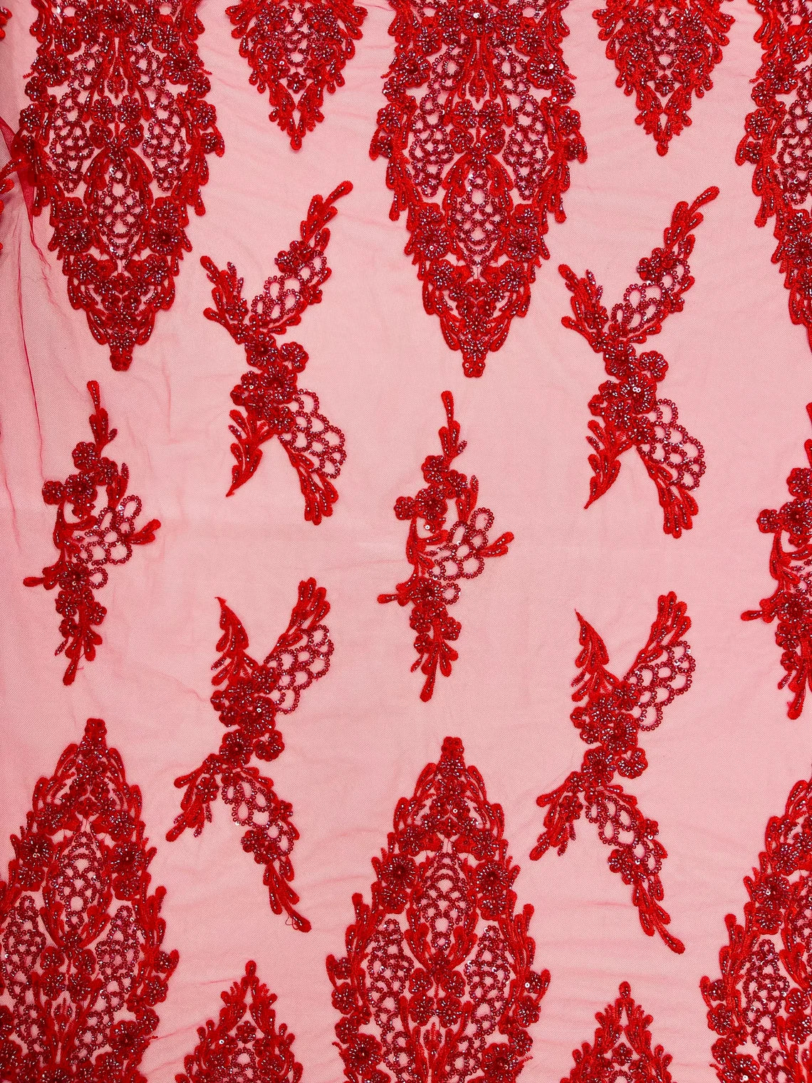 Heavy Bead Floral Fabric - Red - Beaded Flower Design Fabric Fancy Border By Yard