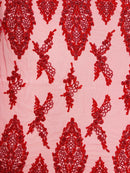 Heavy Bead Floral Fabric - Red - Beaded Flower Design Fabric Fancy Border By Yard