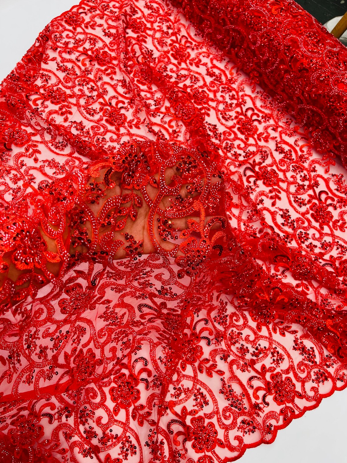Embroidery Floral Bead Fabric - Red - Bridal Embroidery Beaded Floral  Fabric Sold by Yard