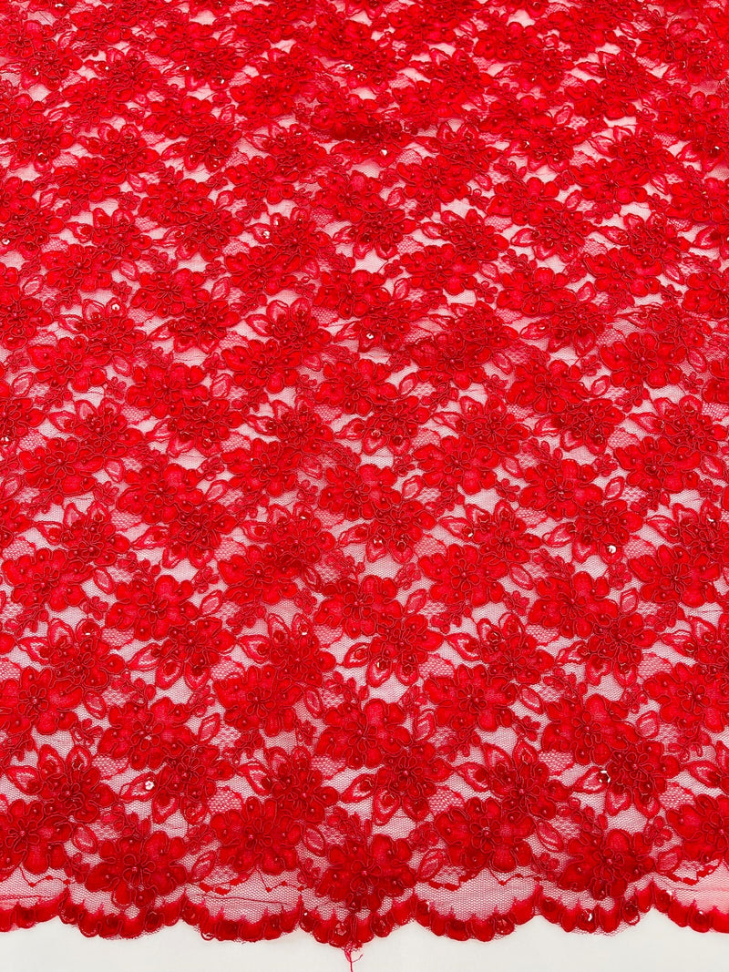 Floral Pearls and Sequins Fabric - Red - Beaded Fabric Embroidered Lace By The Yard