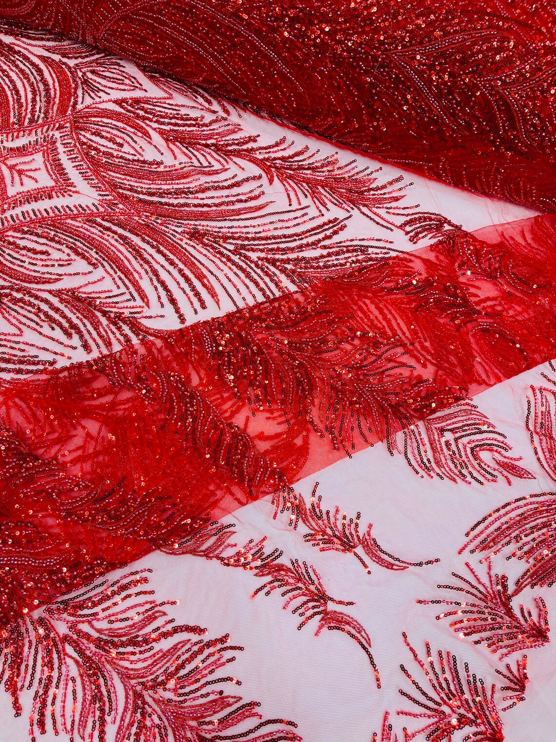 Beaded Lines Fabric - Red - Luxury Beads and Sequins Line Design Fabric By Yard