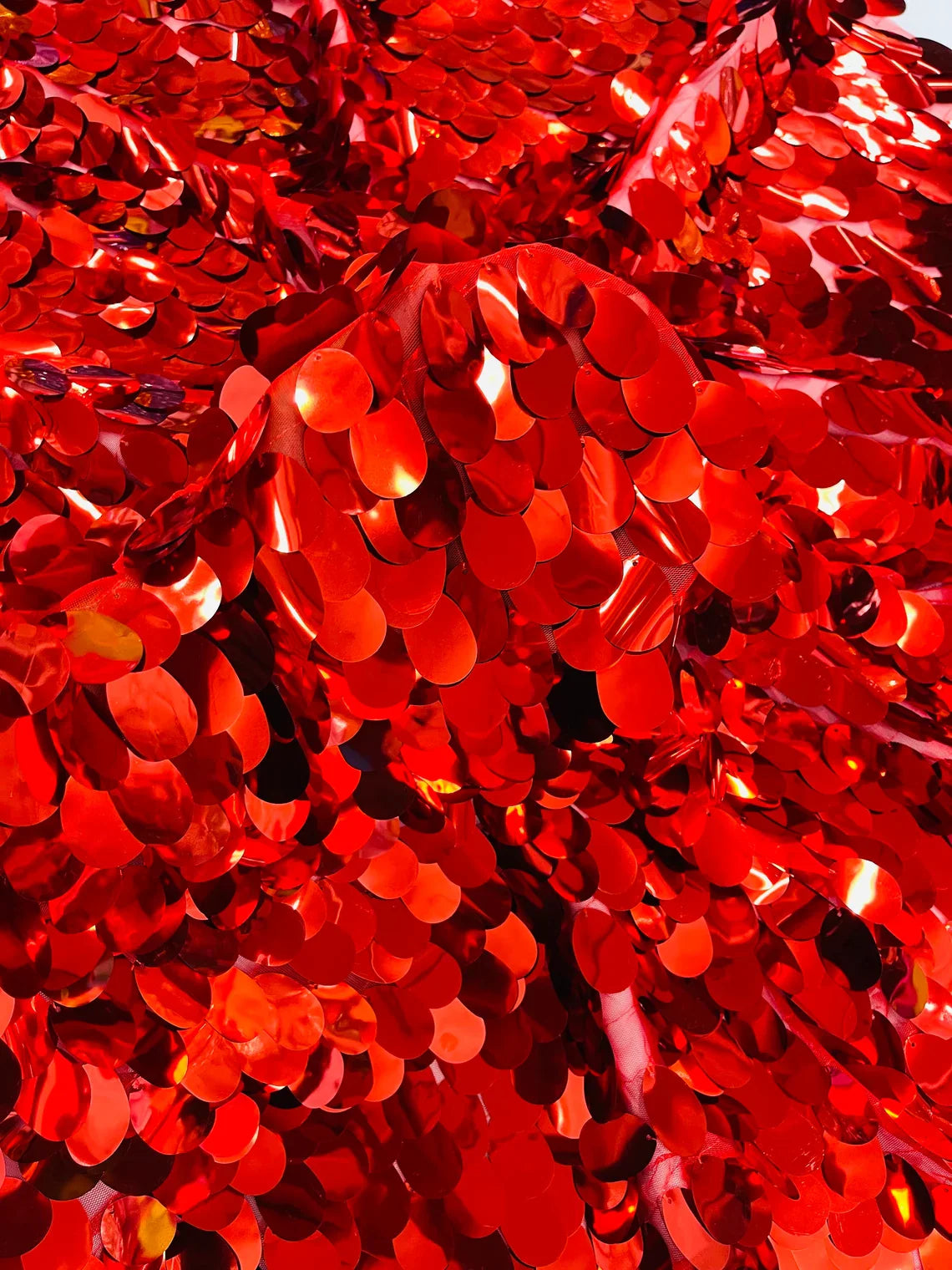 Jumbo Oval Sequins - Red - Paillette Big Oval Sequins Design Fabric By Yard