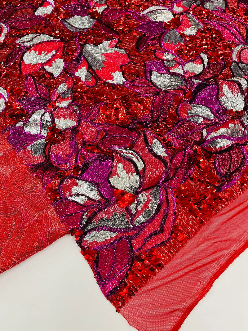 Orchid Design Sequins - Red - 4 Way Stretch Full Sequins Floral Design Mesh Fabric By Yard