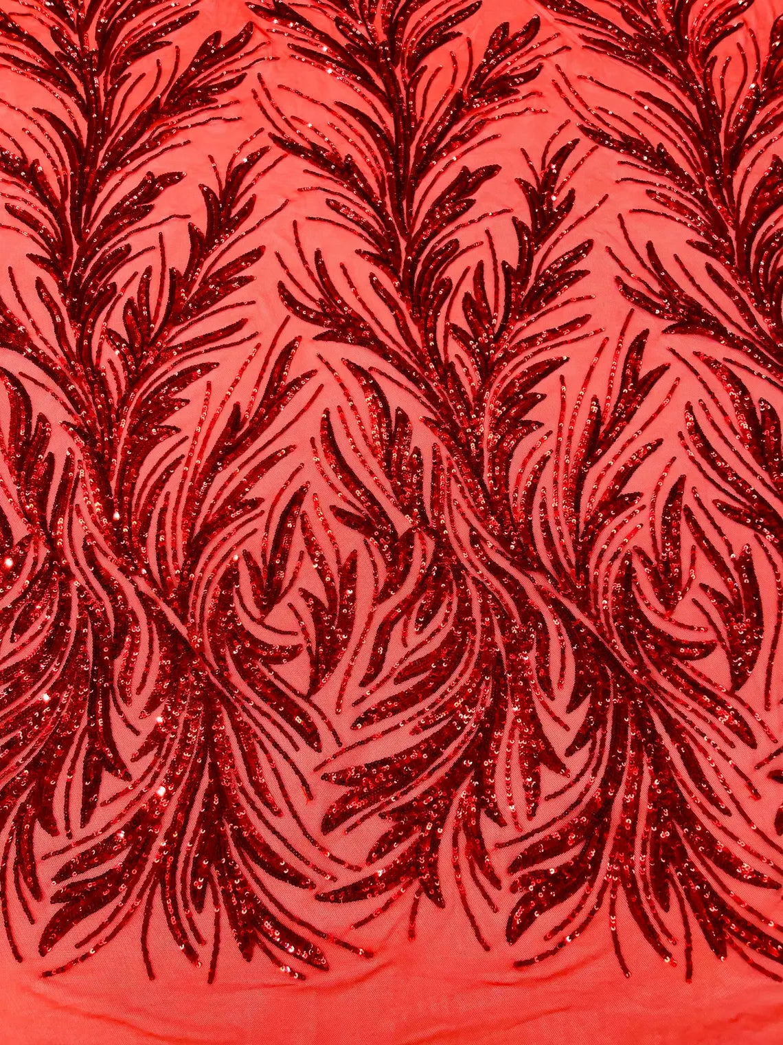 Leaf Design Stretch Sequins - Red - 4 Way Stretch Lace Mesh Sequins Fabric by Yard