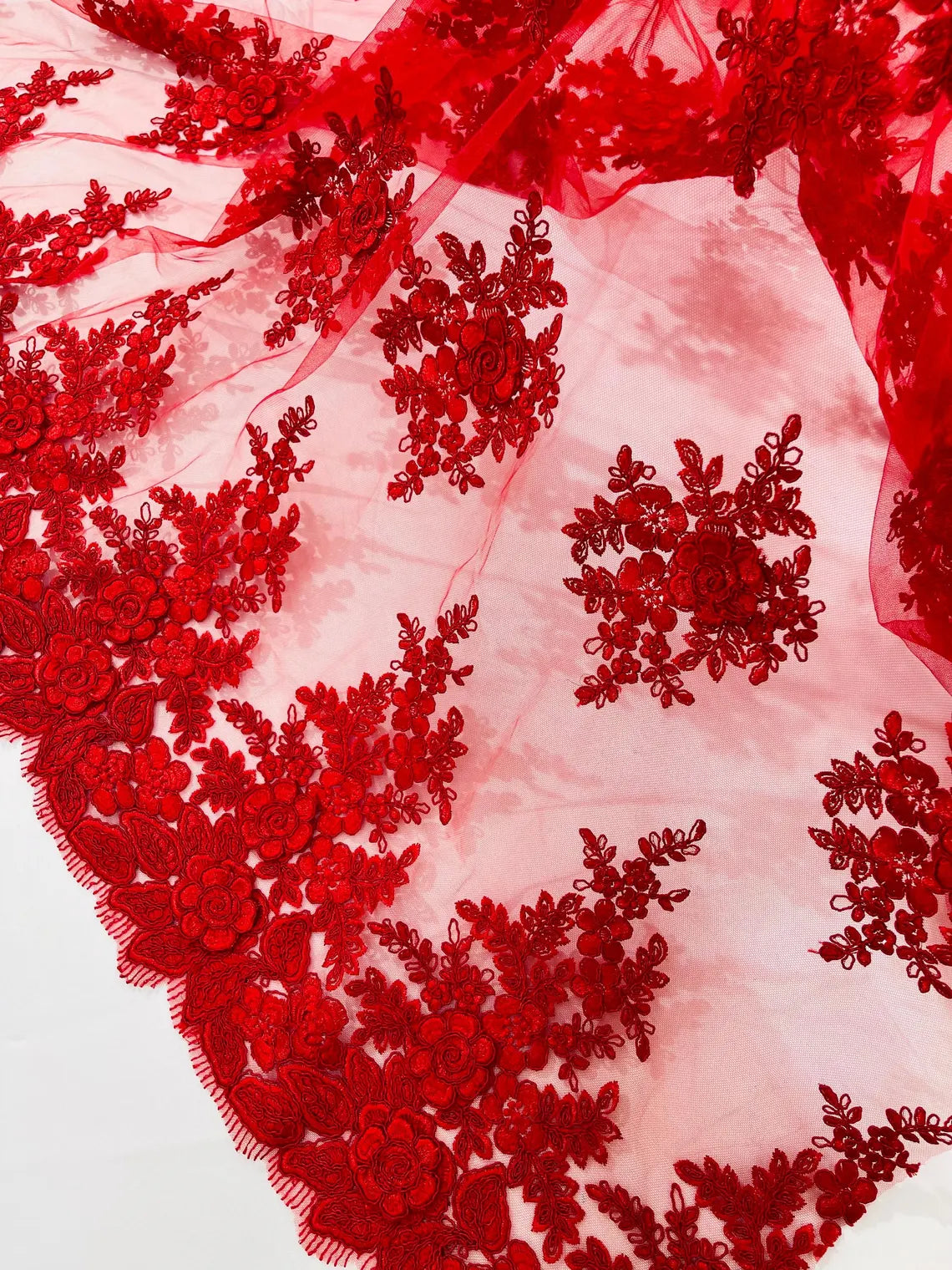 Corded Floral 3D Fabric - Red - Embroidered Floral Design on Lace Mesh Fabric by Yard
