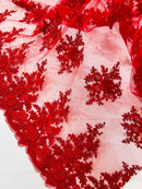 Corded Floral 3D Fabric - Red - Embroidered Floral Design on Lace Mesh Fabric by Yard