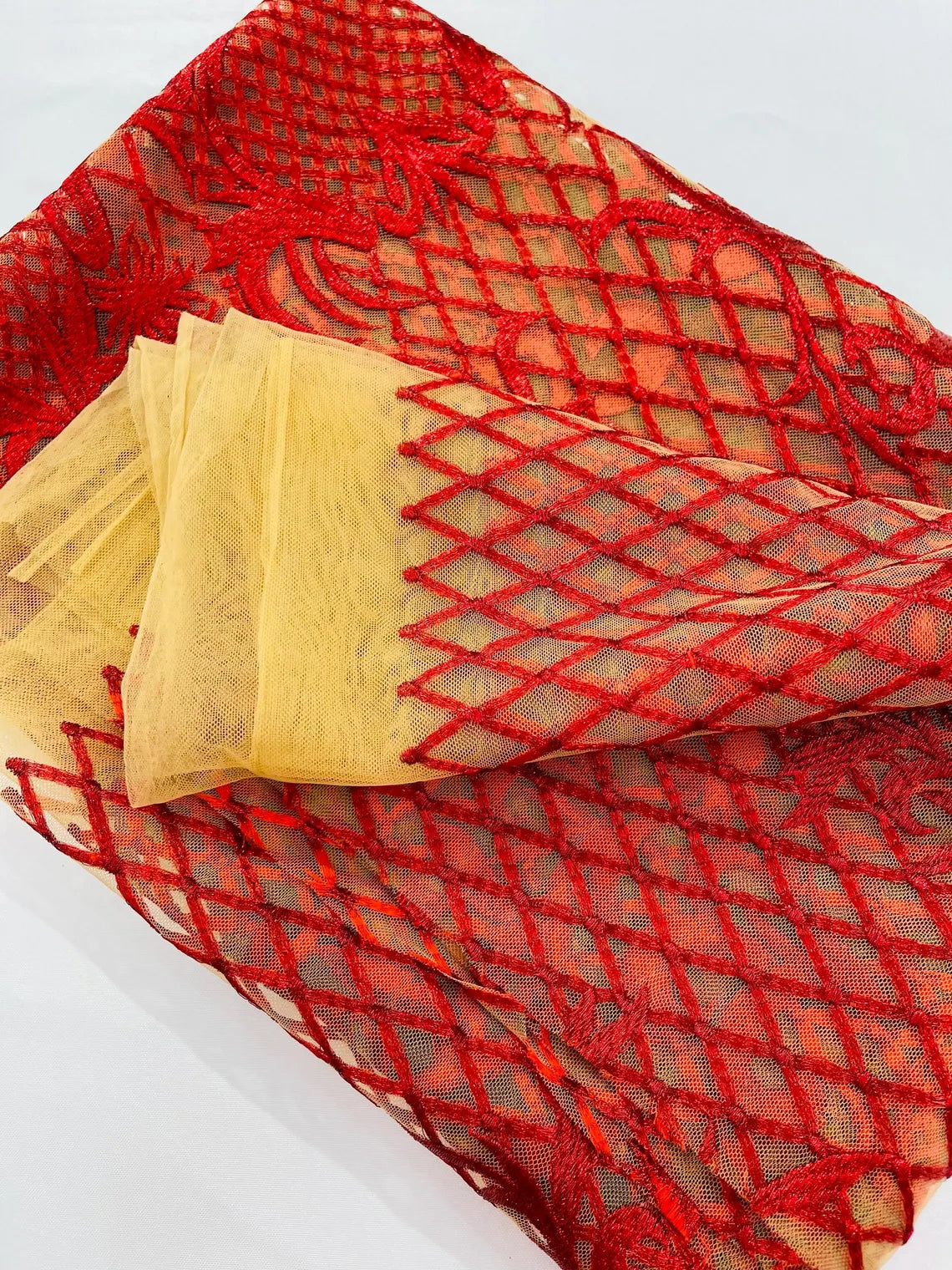 Damask on Net Lace Fabric - Red - Embroidered Lace Mesh Damask Design Fabric by Yard