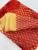 Damask on Net Lace Fabric - Red - Embroidered Lace Mesh Damask Design Fabric by Yard