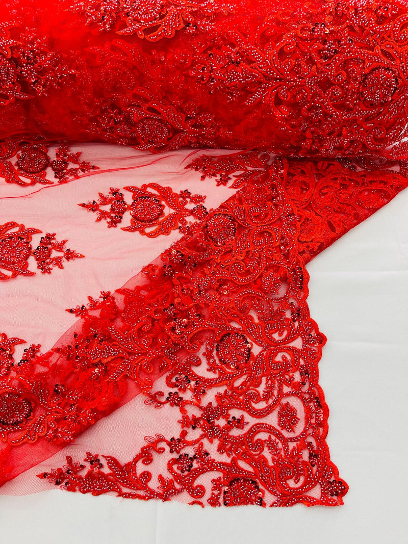 Floral Bead Embroidery Fabric - Red - Damask Floral Bead Bridal Lace Fabric by the yard