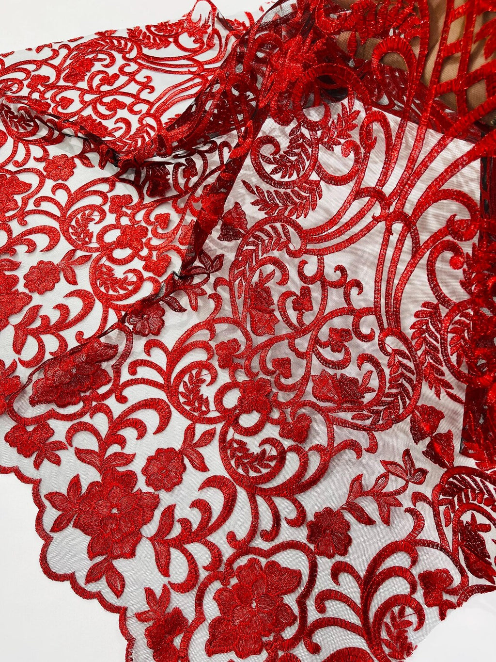 Fancy Damask Lace Fabric - Red on Black - Embroidered Damask Design Mesh on Lace Fabric by Yard