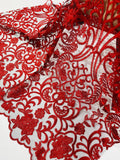 Fancy Damask Lace Fabric - Red on Black - Embroidered Damask Design Mesh on Lace Fabric by Yard