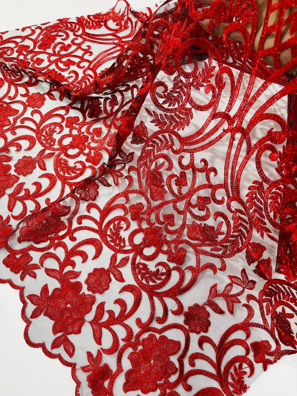 Fancy Damask Lace Fabric - Red on Black - Embroidered Damask Design Mesh on Lace Fabric by Yard