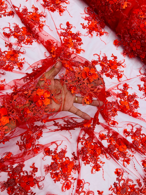 3D Flower Sequins Design - Red - Embroidered Pearl Sequins Floral Clusters Lace Fabric By Yard