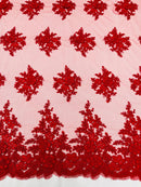 Corded Floral 3D Fabric - Red - Embroidered Floral Design on Lace Mesh Fabric by Yard