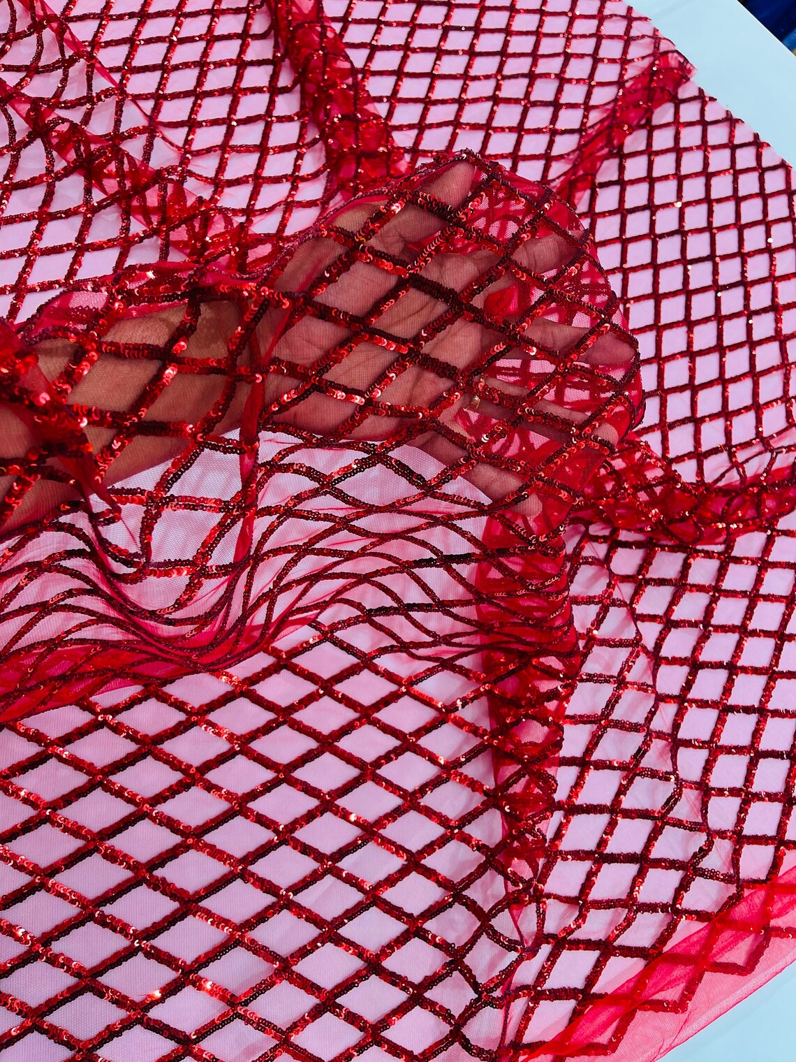 Diamond Sequins Fabric - Purple - Diamond Geometric Net Design on Mesh Lace Fabric By Yard