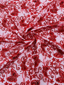 Butterfly Sequins Fabric - Red - Metallic Floral Butterfly Design on Lace Fabric By Yard