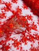 3D Flower Sequins Design - Red - Embroidered Pearl Sequins Floral Clusters Lace Fabric By Yard