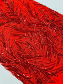 Leaf Design Stretch Sequins - Red - 4 Way Stretch Lace Mesh Sequins Fabric by Yard