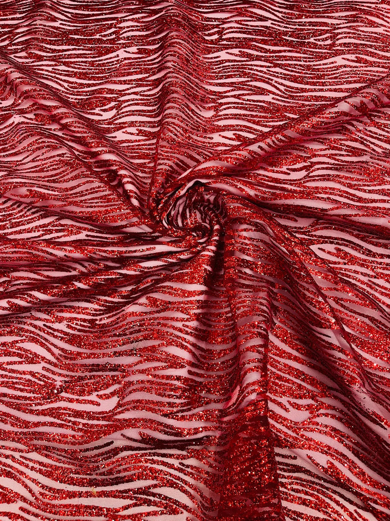 Zebra Stripe Glitter Fabric - Red - Glitter Design Zebra Lines on Lace Fabric By Yard