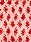 Floral Damask Lace Fabric - Red - Embroidered Damask Flowers on Lace Fabric By Yard