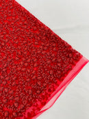 Shimmer Glitter Flower Fabric - Red - Small Glitter Flower Design on Lace Sold By Yard