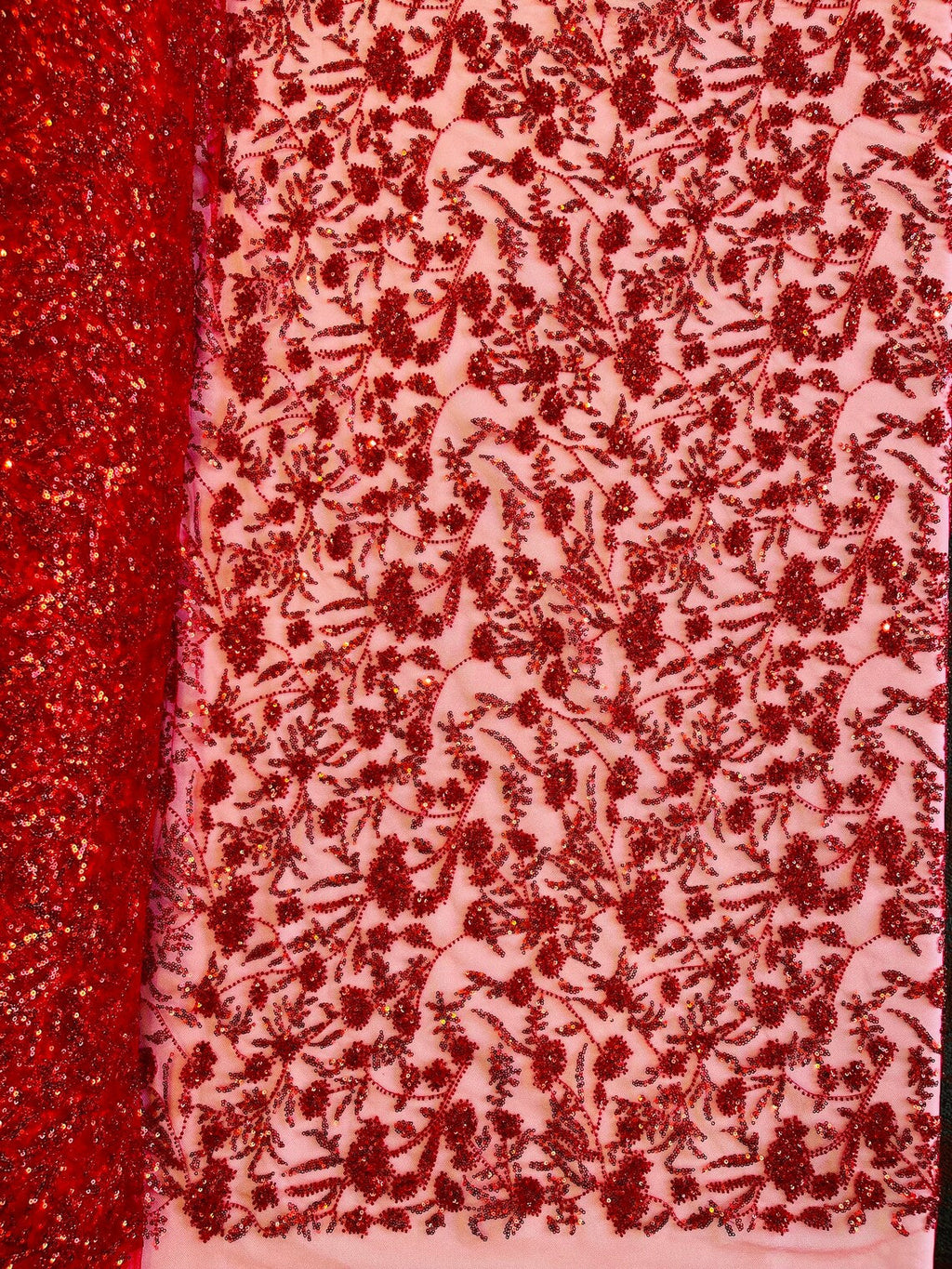 Beaded Floral Plant Design - Red - Embroidered Beaded Flower Plants Sequins Fabric By Yard