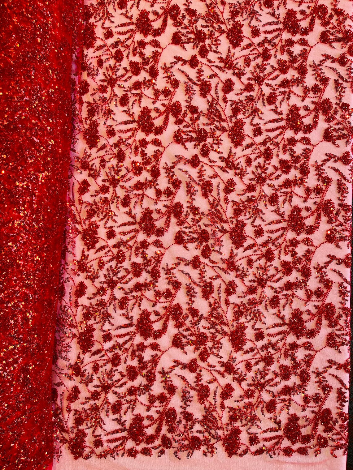 Beaded Floral Plant Design - Red - Embroidered Beaded Flower Plants Sequins Fabric By Yard