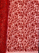 Beaded Floral Plant Design - Red - Embroidered Beaded Flower Plants Sequins Fabric By Yard