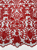 Fancy Damask Lace Fabric - Red on Black - Embroidered Damask Design Mesh on Lace Fabric by Yard