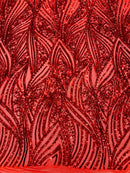 Curvy Line Design Fabric - Red - 4 Way Stretch Sequins Design Mesh Lace Fabric by Yard
