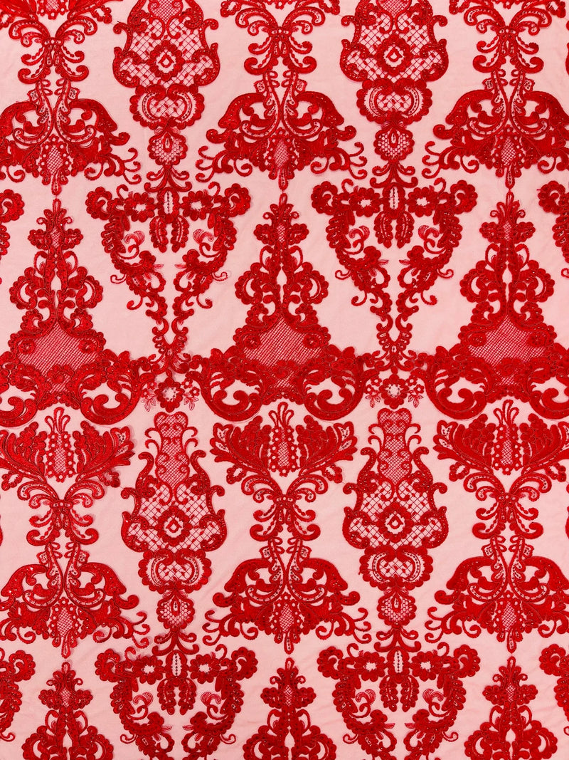 King Lace Pattern Fabric - Red - Embroidered Sequins on Lace Mesh Fabric By Yard