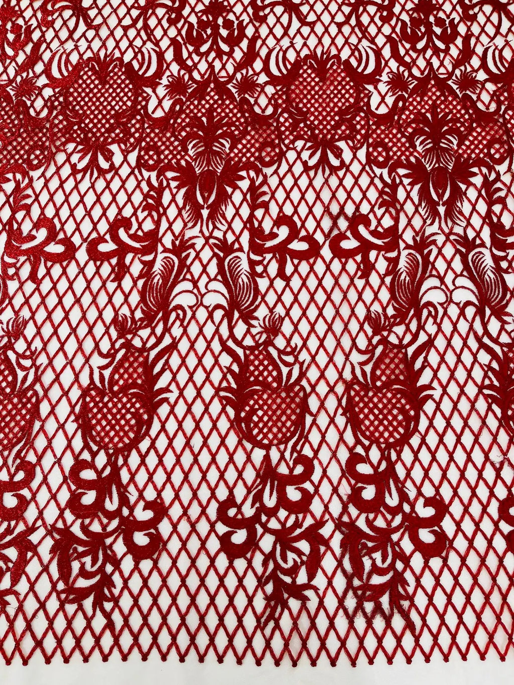 Damask on Net Lace Fabric - Red - Embroidered Lace Mesh Damask Design Fabric by Yard