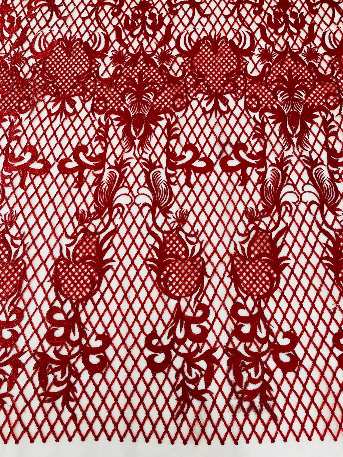 Damask on Net Lace Fabric - Red - Embroidered Lace Mesh Damask Design Fabric by Yard