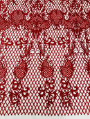 Damask on Net Lace Fabric - Red - Embroidered Lace Mesh Damask Design Fabric by Yard