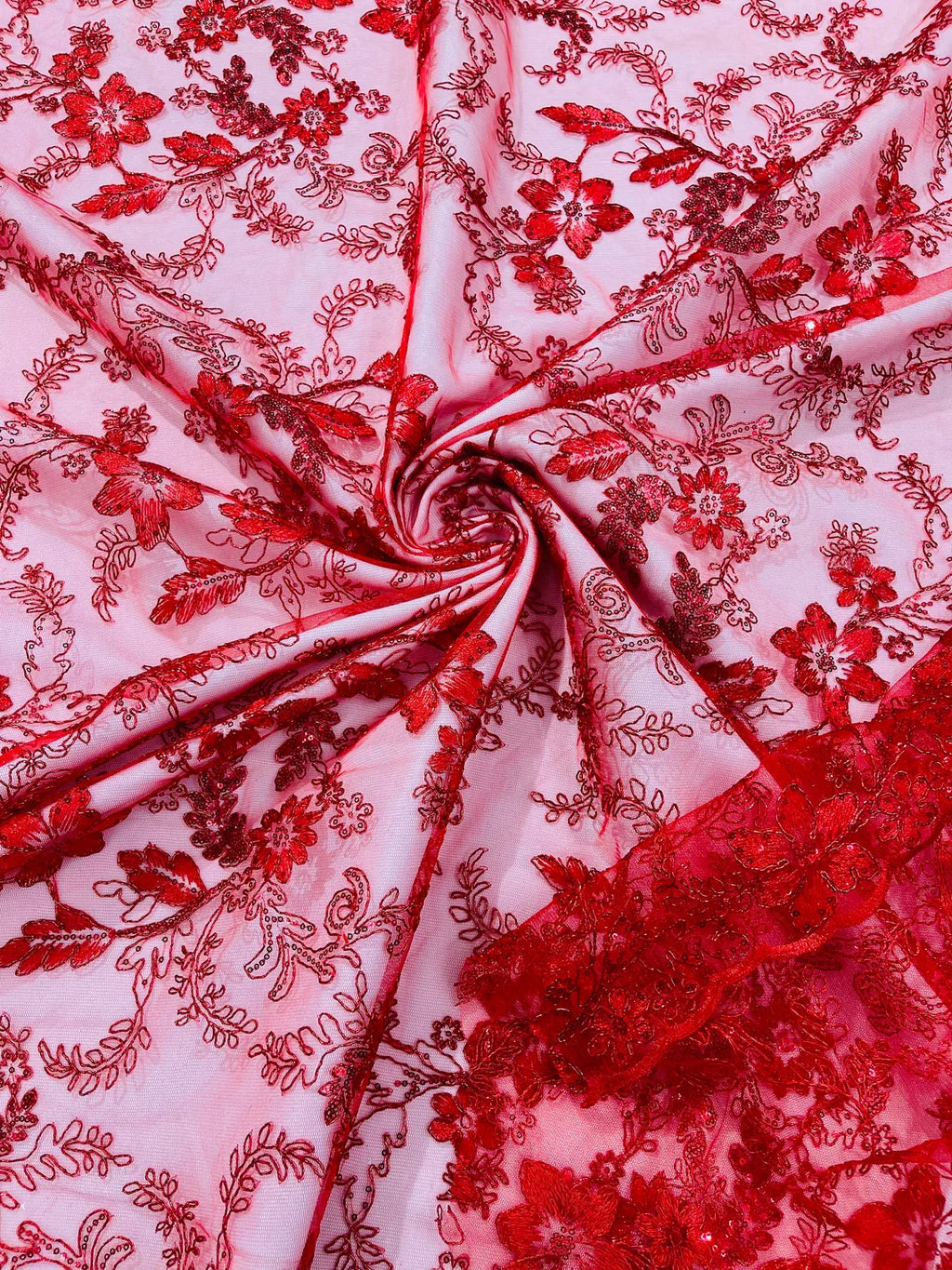 Floral Metallic Lace Fabric - Red - Corded Embroidered Floral Sequins Fabric by Yard