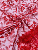 Floral Metallic Lace Fabric - Red - Corded Embroidered Floral Sequins Fabric by Yard