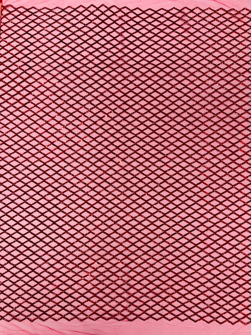 Diamond Sequins Fabric - Purple - Diamond Geometric Net Design on Mesh Lace Fabric By Yard
