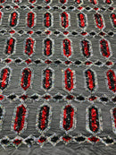 Fancy Gem Jewel Fabric - Red on Black - Geometric Stretch Sequins Design on Mesh By Yard