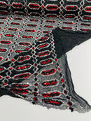 Fancy Gem Jewel Fabric - Red on Black - Geometric Stretch Sequins Design on Mesh By Yard
