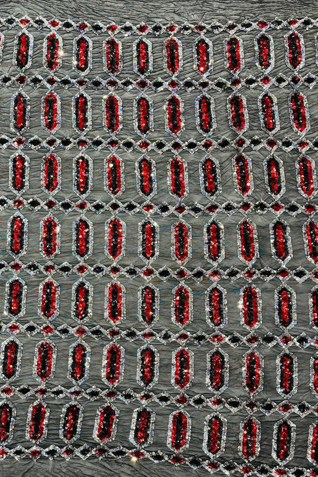 Fancy Gem Jewel Fabric - Red on Black - Geometric Stretch Sequins Design on Mesh By Yard